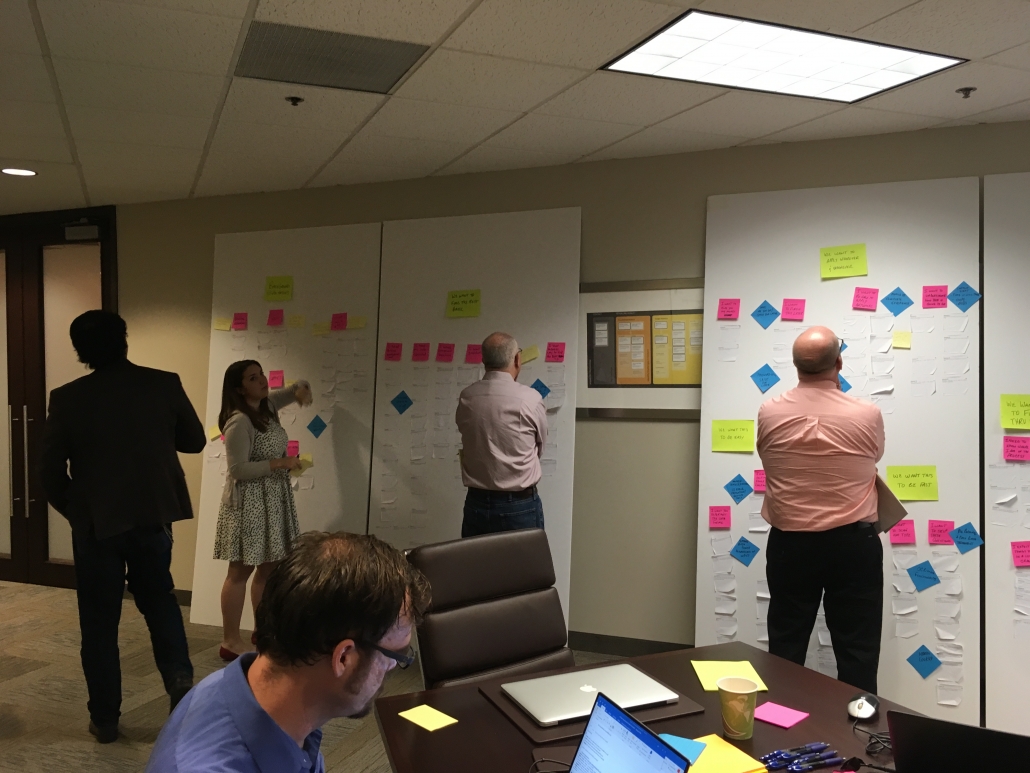 Financial stakeholders conducting a wall walk to review pain points and create opportunities